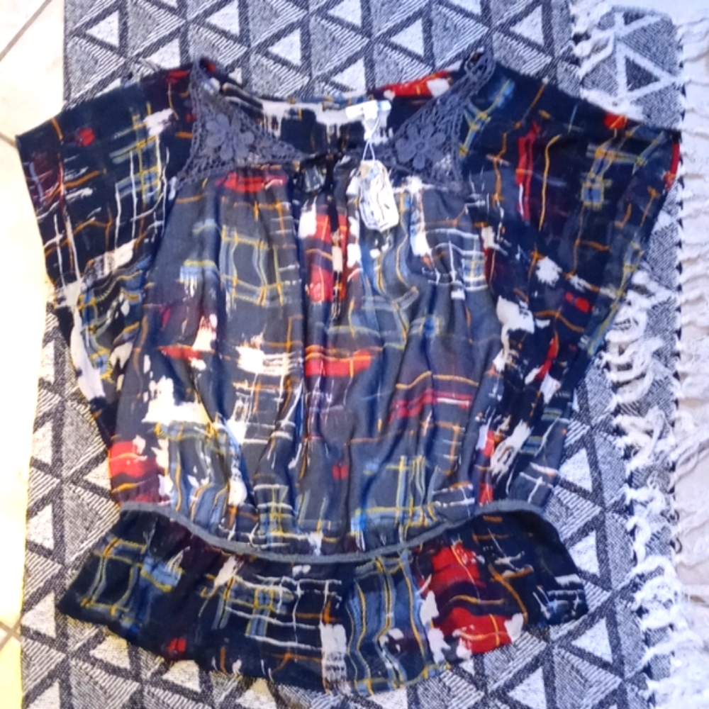 Blue Velvet 1X Plaid and Crotchet Boho Blouse